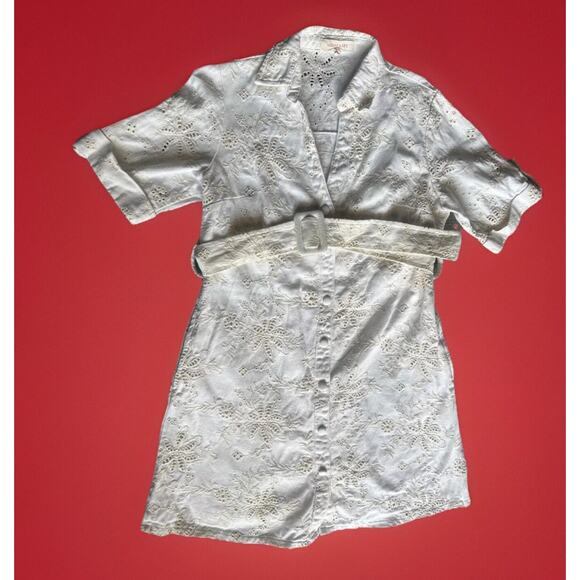 Solitaire Women Denim Dress S White Floral Belted Short Sleeve w/ Pockets - Picture 5 of 16